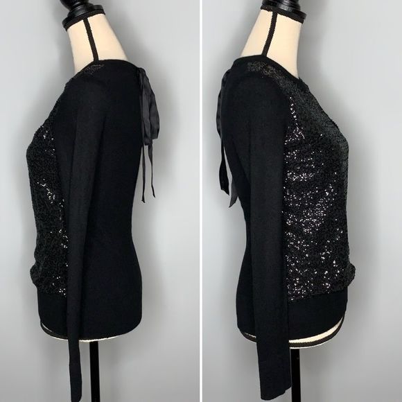 Kate Spade Black Sequin Front Satin Tie Back Sweater Cashmere Sparkle Size XS - Picture 6 of 8